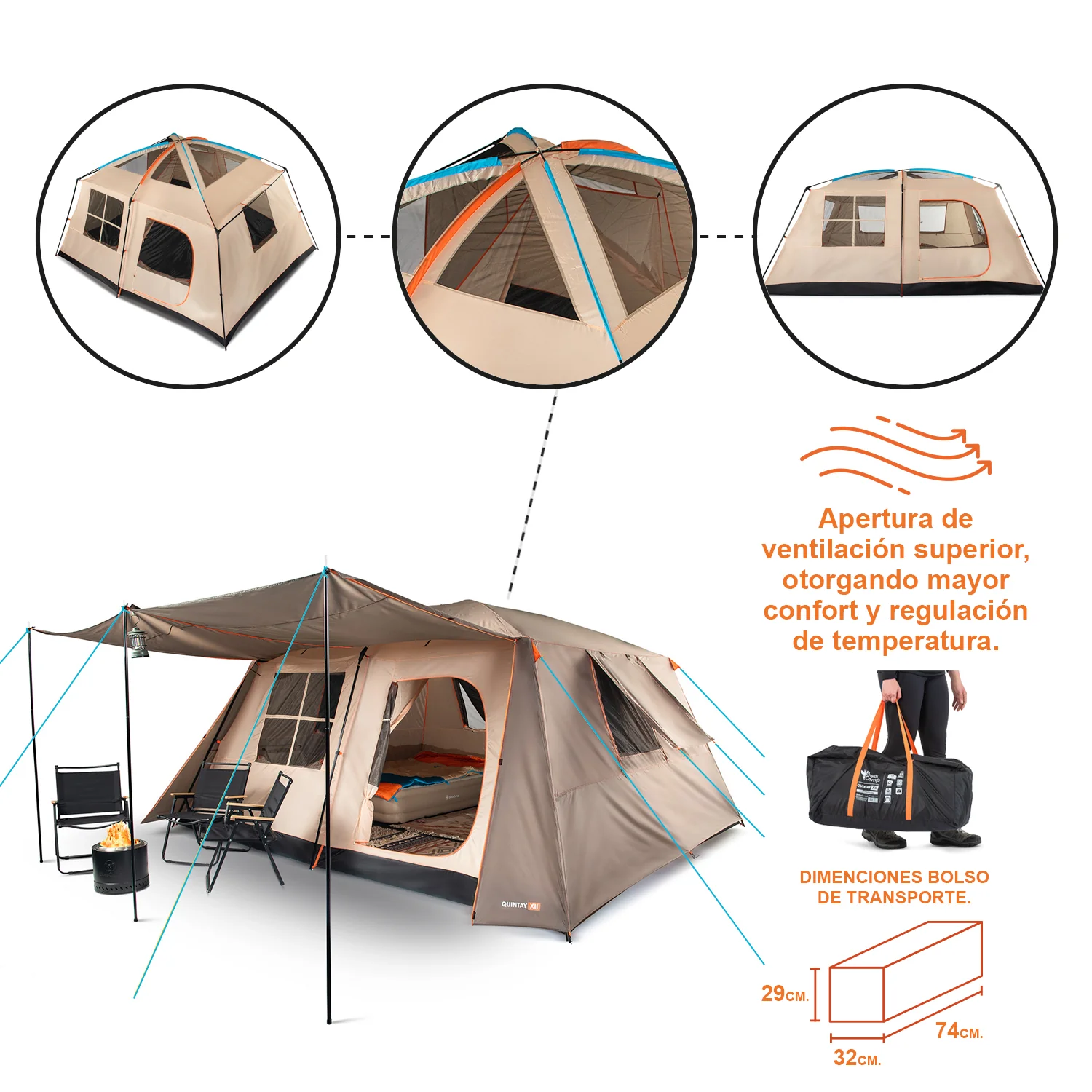 Carpa Camping Quintay 12 Personas 3000 Mm Cubre Techo Largo Toldo Extendido - Imagen 7