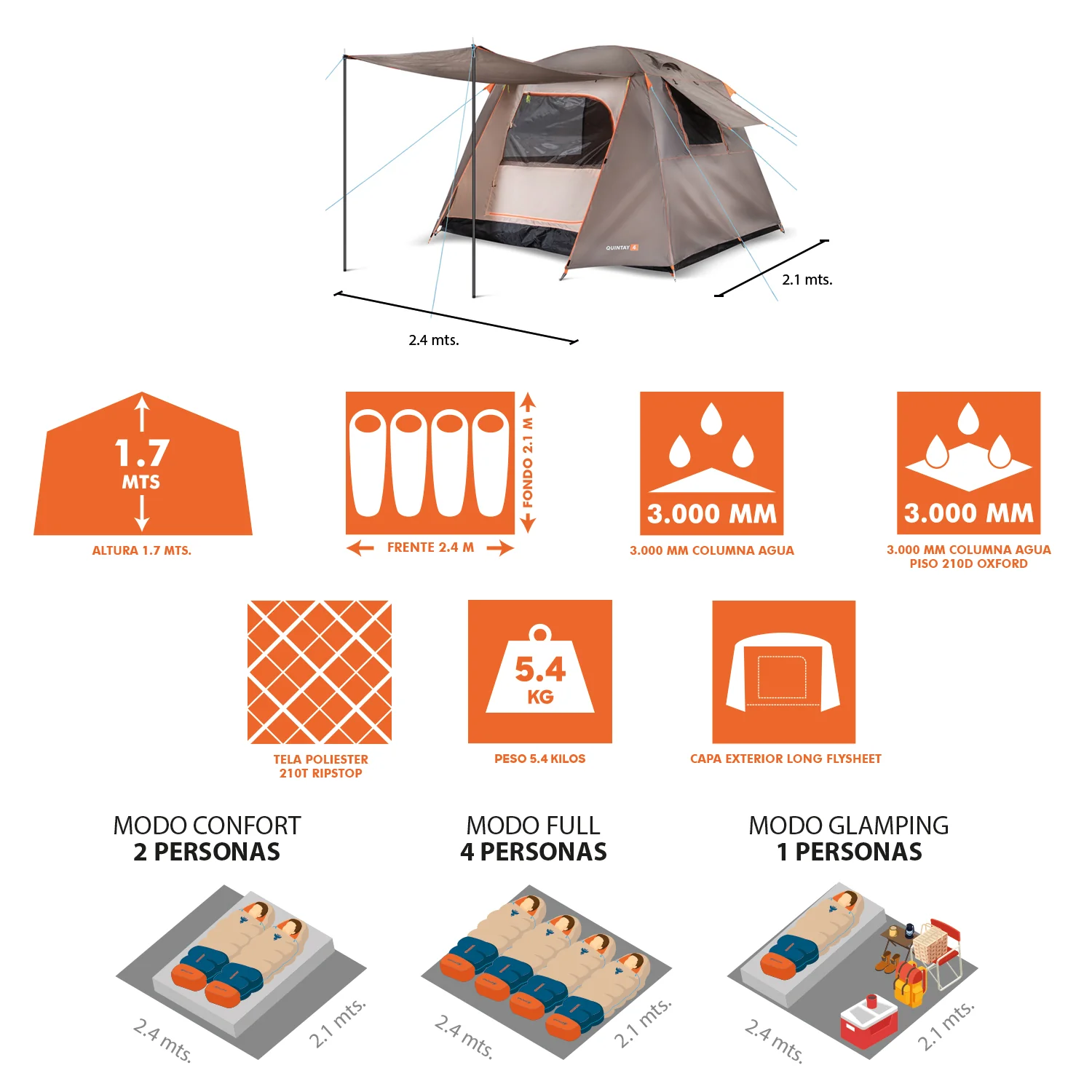 Carpa Camping Quintay 4 Personas 3000 Mm Cubre Techo Largo - Imagen 7