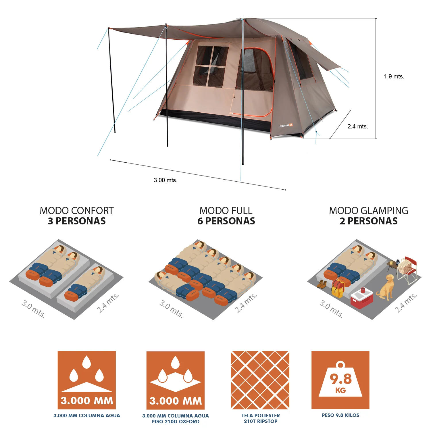 Carpa Camping Quintay 6 Personas 3000 Mm Cubre Techo Largo Toldo Extendido - Imagen 5