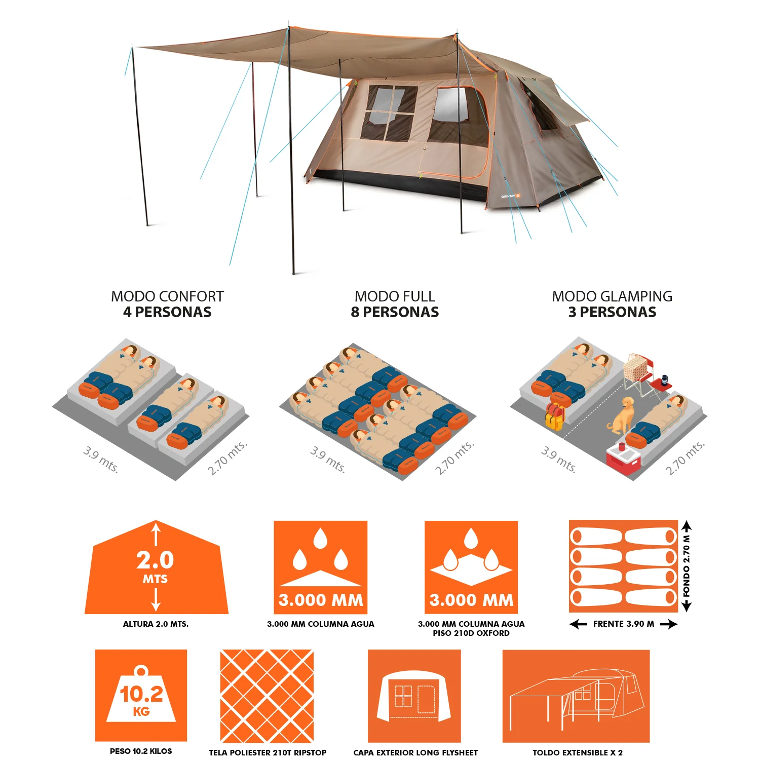 Carpa Quintay 8 Personas 3000 Mm Cubre Techo Largo Toldo Extendido - Imagen 7