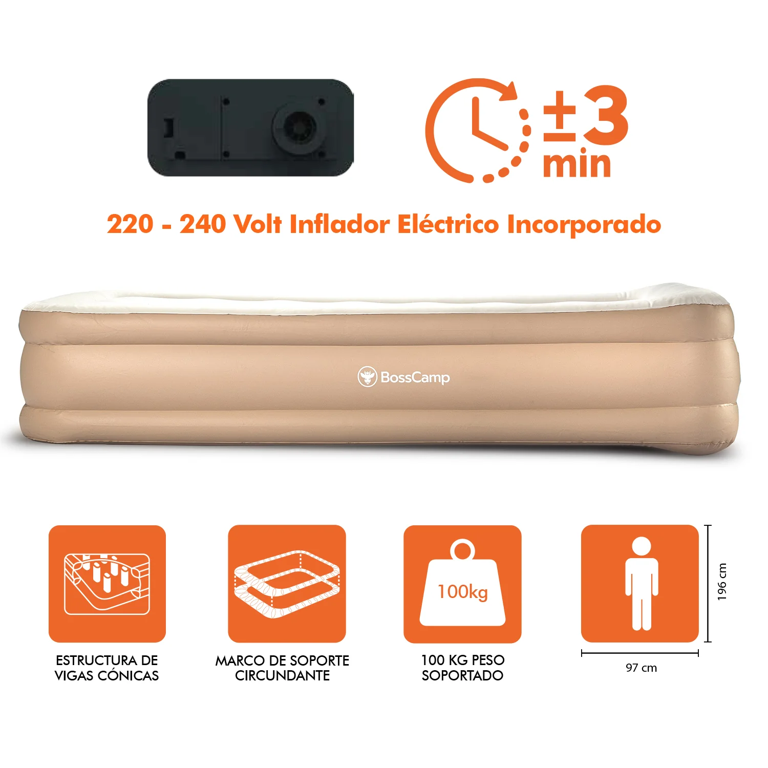 Colchón Cama Inflable Eléctrico Twin individual BossCamp - Imagen 5