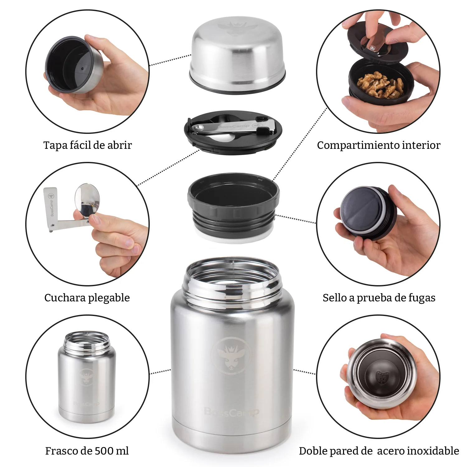 Termo Comida BossCamp 500 ml Negro Acero Inox Bolso Cuchara - Imagen 5